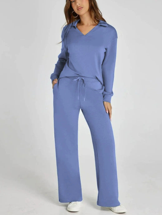Women’s Lounge Set - Collared V-Neck Sweatshirt Wide Leg Drawstring Trousers