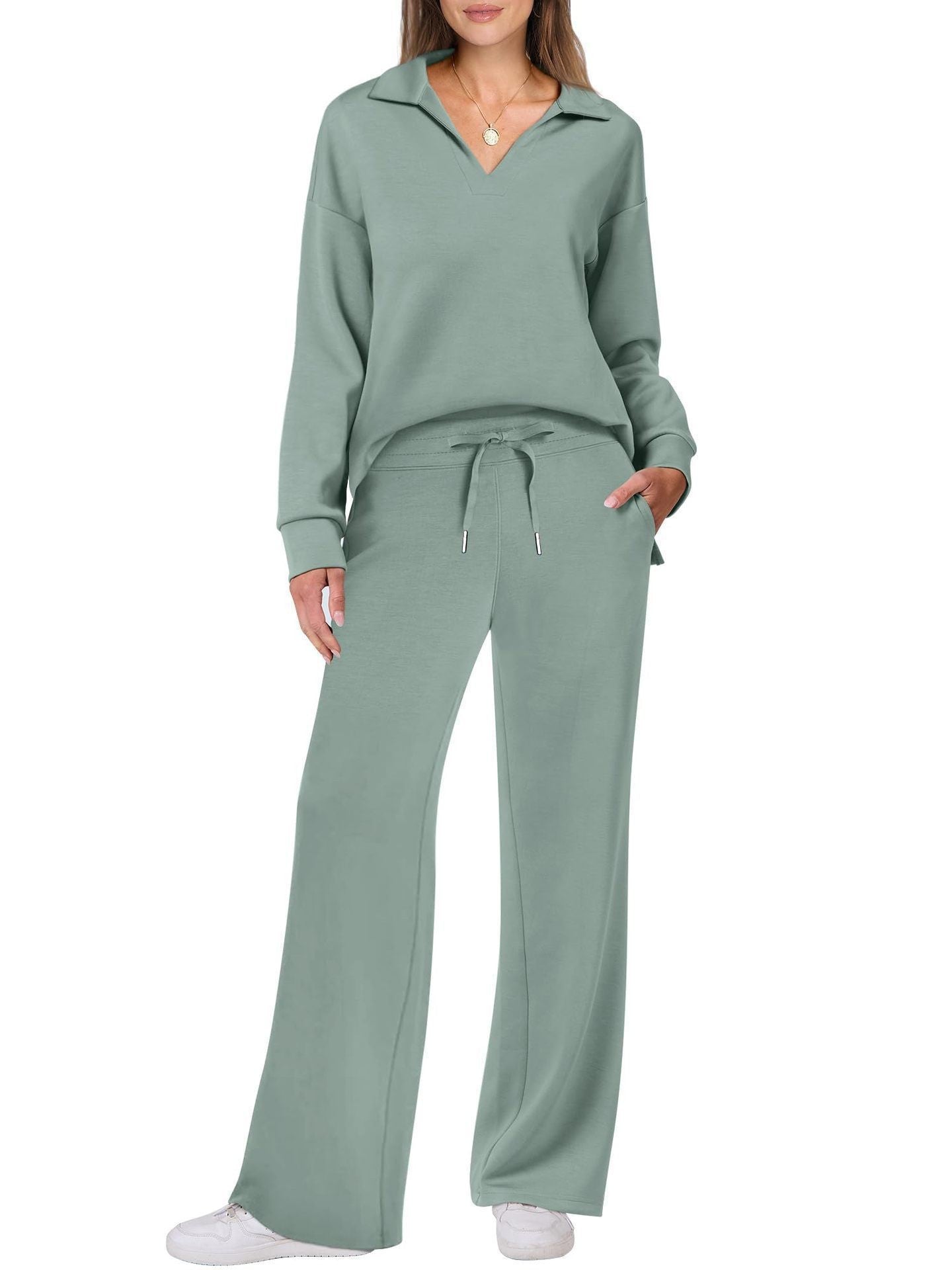 Women’s Lounge Set - Collared V-Neck Sweatshirt Wide Leg Drawstring Trousers