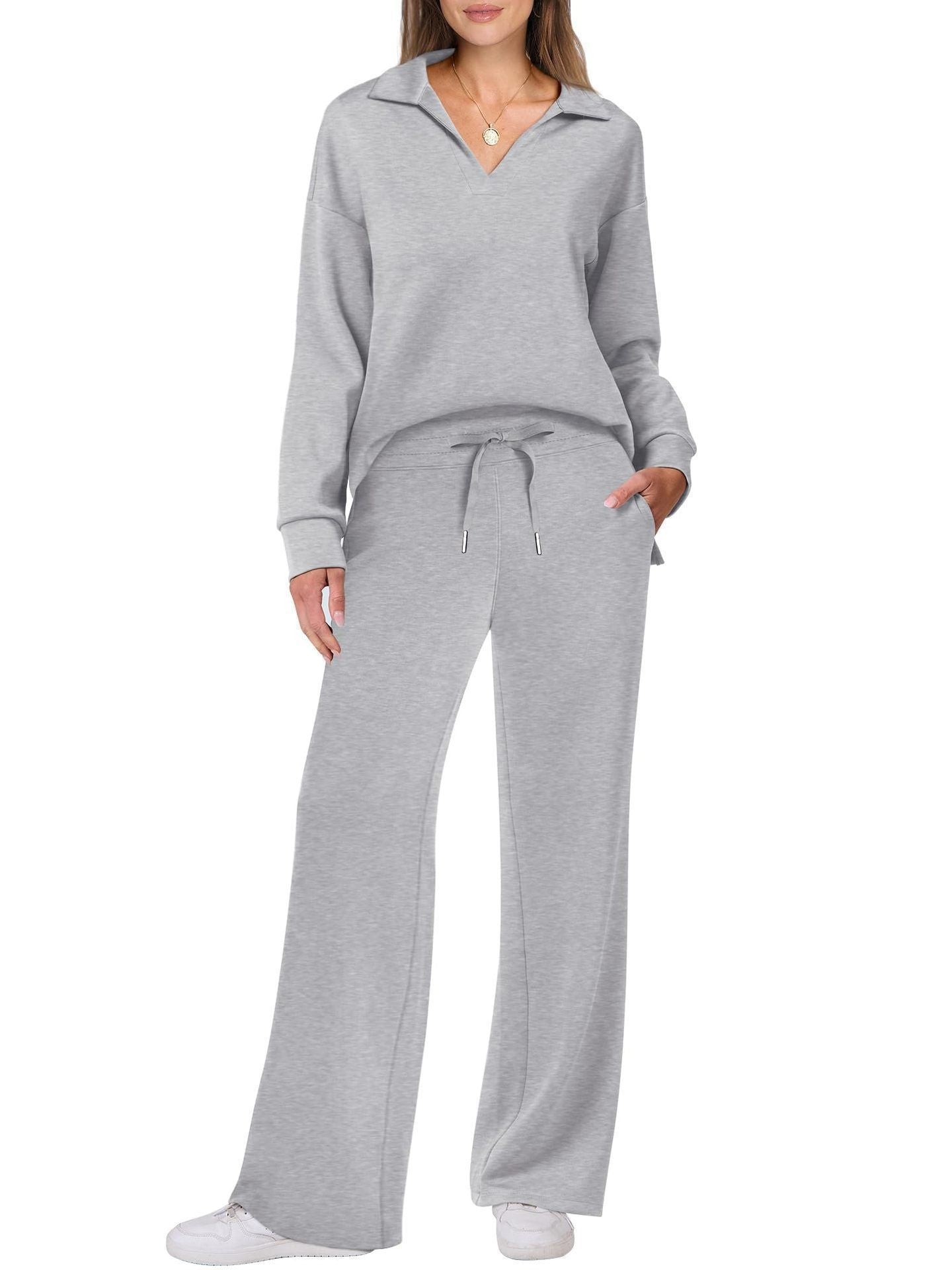 Women’s Lounge Set - Collared V-Neck Sweatshirt Wide Leg Drawstring Trousers