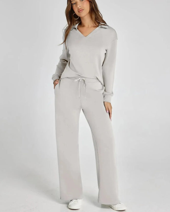 Women’s Lounge Set - Collared V-Neck Sweatshirt Wide Leg Drawstring Trousers