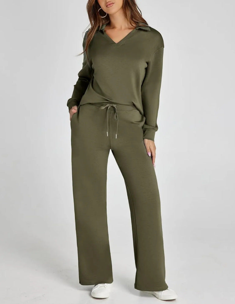 Women’s Lounge Set - Collared V-Neck Sweatshirt Wide Leg Drawstring Trousers