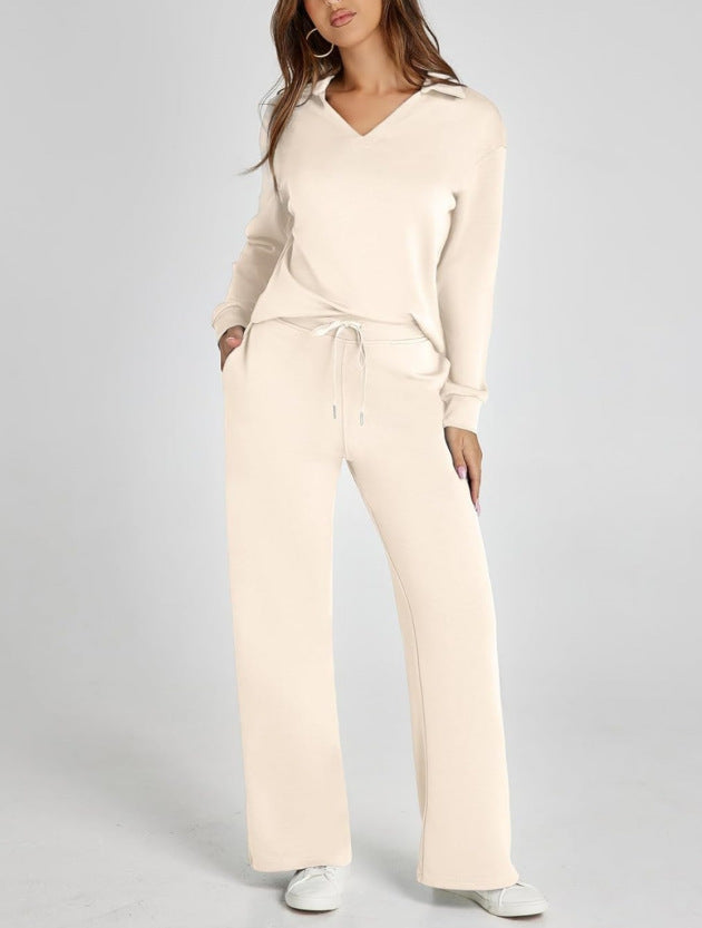 Women’s Lounge Set - Collared V-Neck Sweatshirt Wide Leg Drawstring Trousers