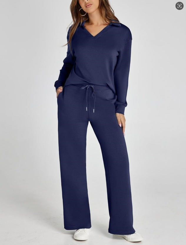 Women’s Lounge Set - Collared V-Neck Sweatshirt Wide Leg Drawstring Trousers