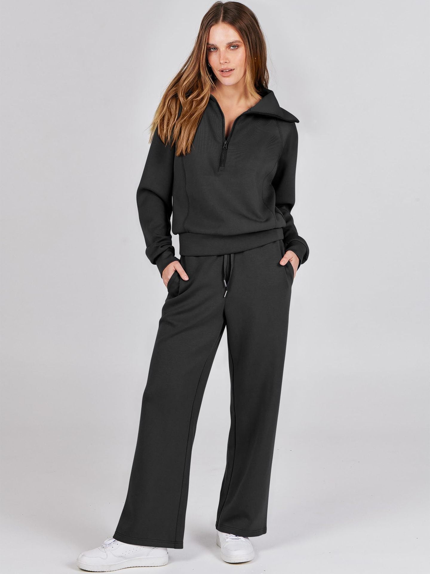 Women’s Lounge Set - Collared V-Neck Sweatshirt Wide Leg Drawstring Trousers