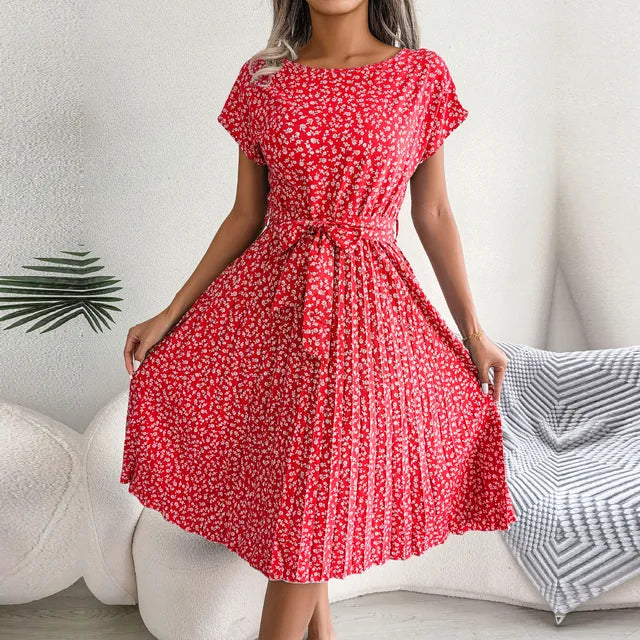 Women’s Floral Pleated Midi Dress - Short Sleeve Tie-Waist A-Line Summer Dress
