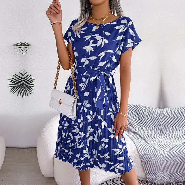 Women’s Floral Pleated Midi Dress - Short Sleeve Tie-Waist A-Line Summer Dress