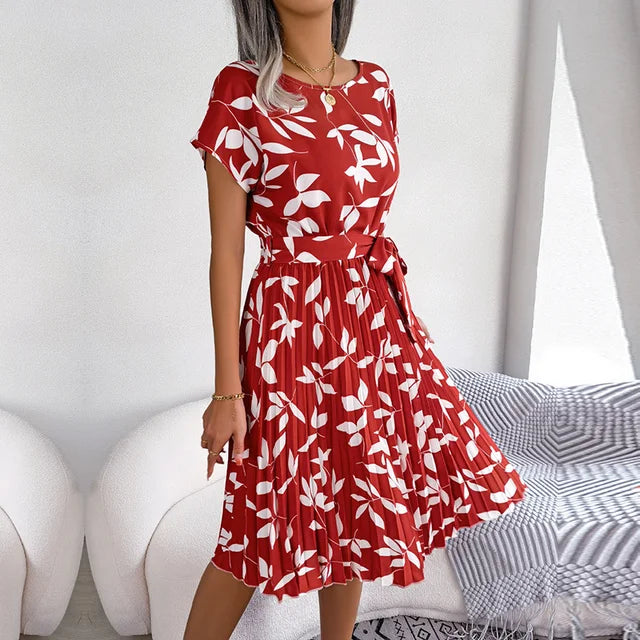Women’s Floral Pleated Midi Dress - Short Sleeve Tie-Waist A-Line Summer Dress