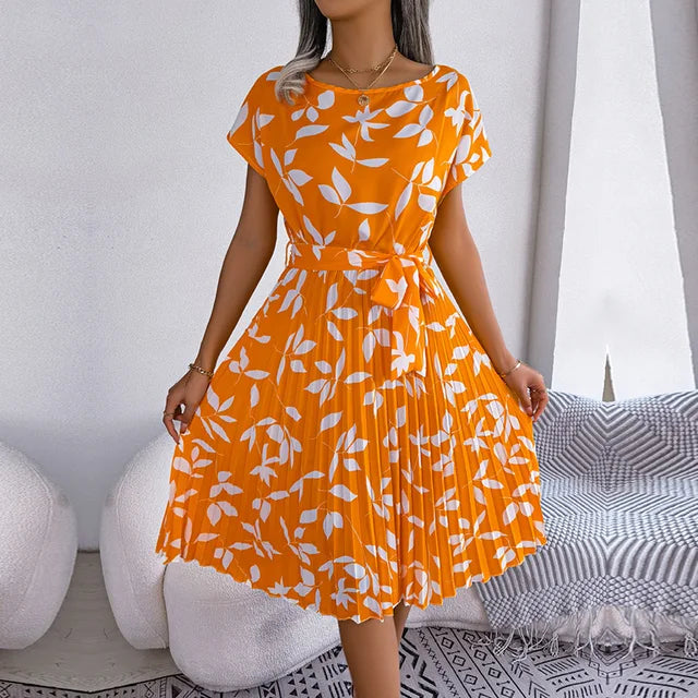 Women’s Floral Pleated Midi Dress - Short Sleeve Tie-Waist A-Line Summer Dress