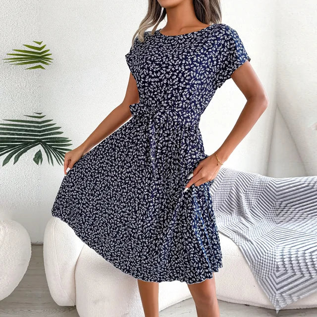 Women’s Floral Pleated Midi Dress - Short Sleeve Tie-Waist A-Line Summer Dress