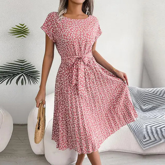 Women’s Floral Pleated Midi Dress - Short Sleeve Tie-Waist A-Line Summer Dress