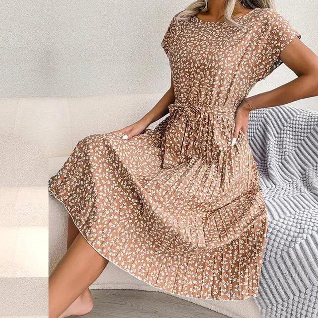 Women’s Floral Pleated Midi Dress - Short Sleeve Tie-Waist A-Line Summer Dress