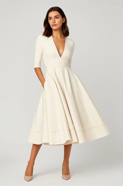 Women’s Elegant V-Neck Midi Dress - Classic Fit-and-Flare Cocktail Dress