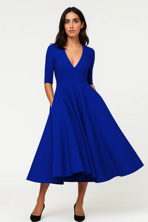 Women’s Elegant V-Neck Midi Dress - Classic Fit-and-Flare Cocktail Dress