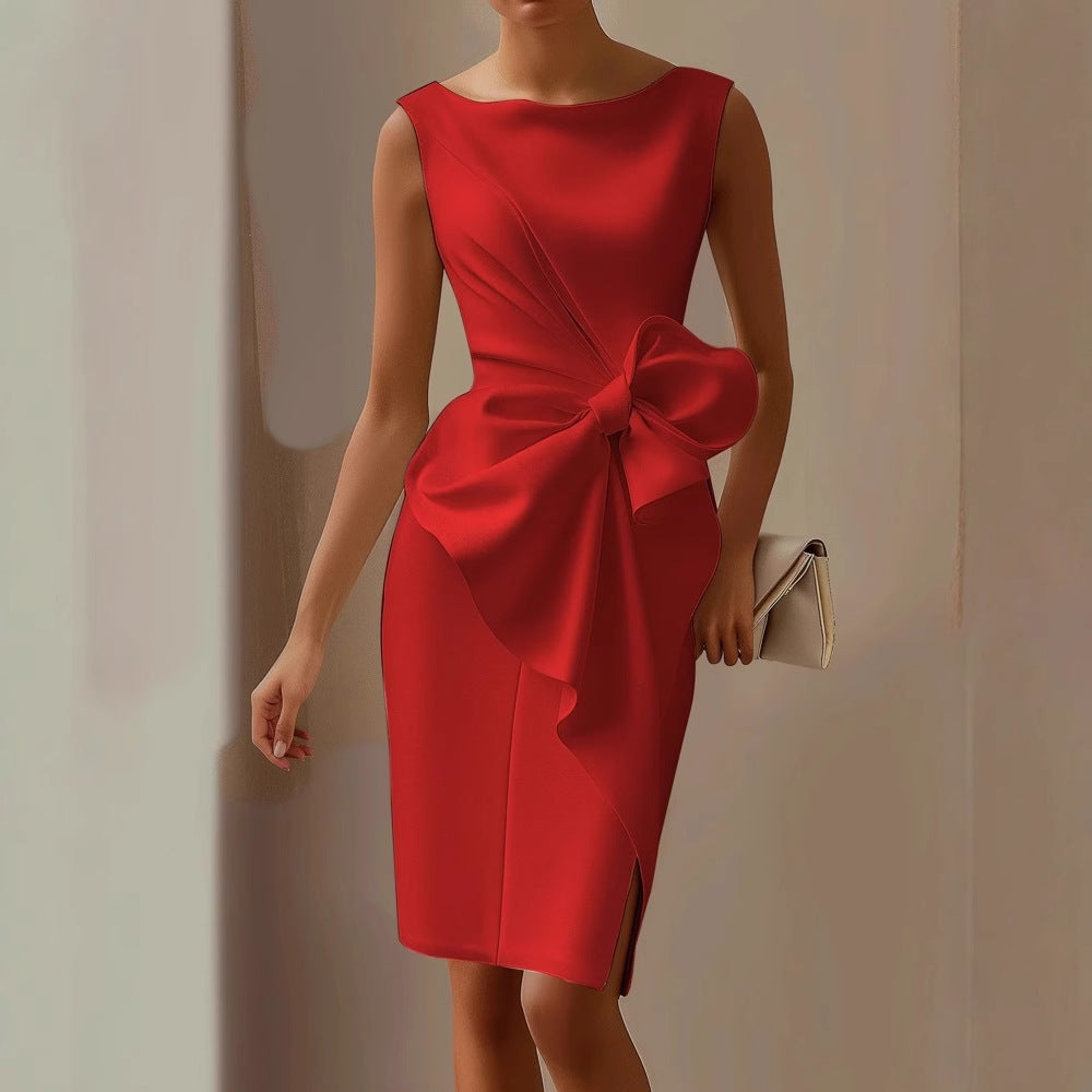 Women’s Sleeveless Bow Detail Cocktail Dress - Elegant Knee-Length Sheath Dress