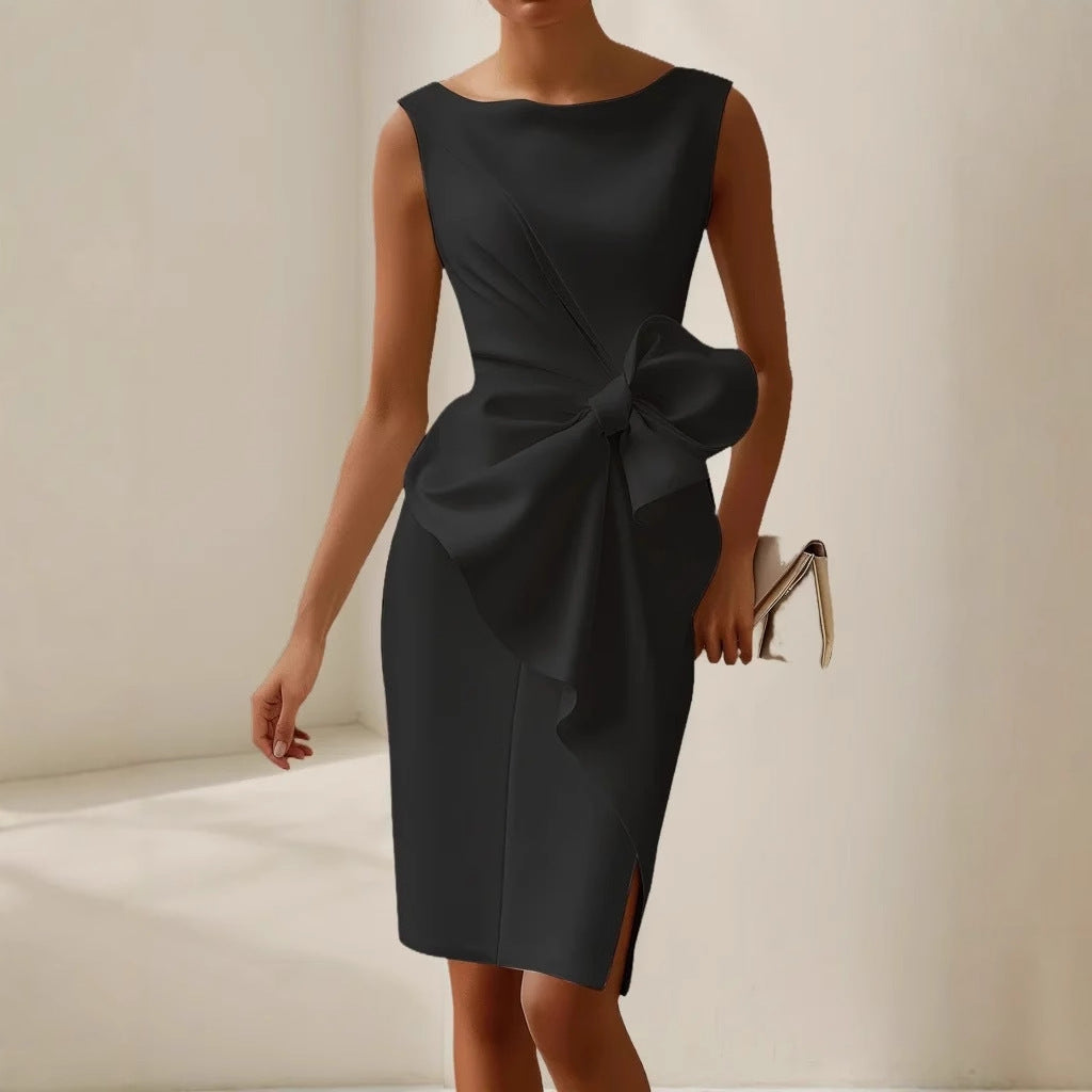 Women’s Sleeveless Bow Detail Cocktail Dress - Elegant Knee-Length Sheath Dress