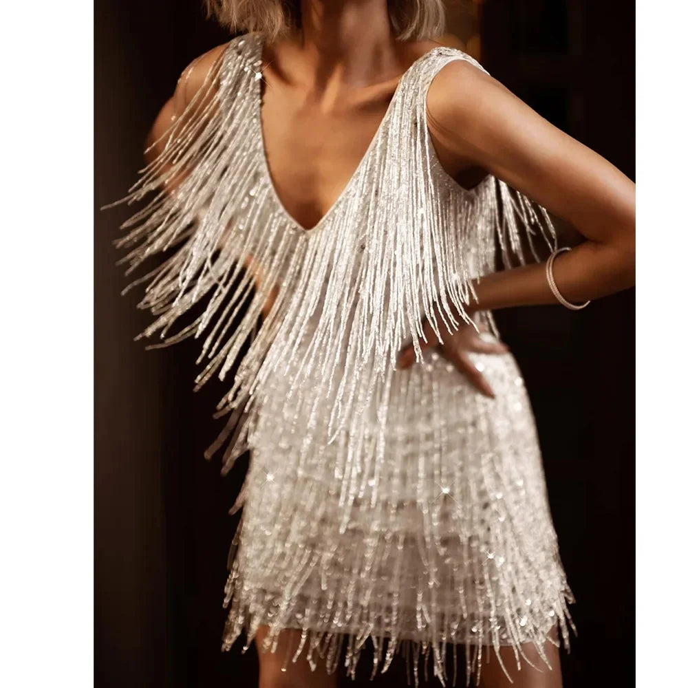 Women’s Fringe Mini Dress - V-Neck Tassel Cocktail Party Dress