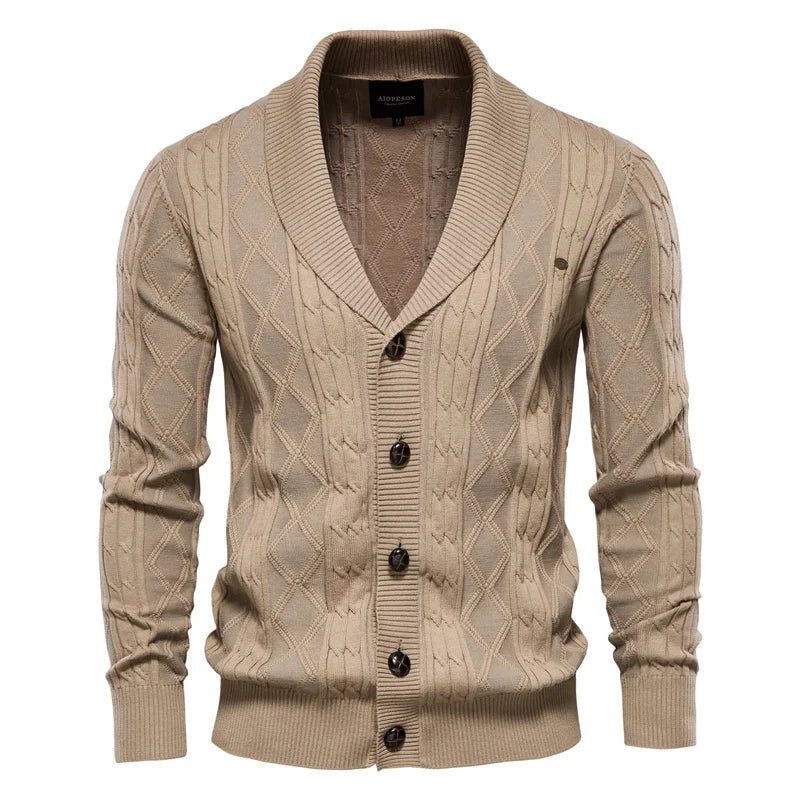 Men’s Diamond-Knit Button Cardigan - Shawl Collar Sweater