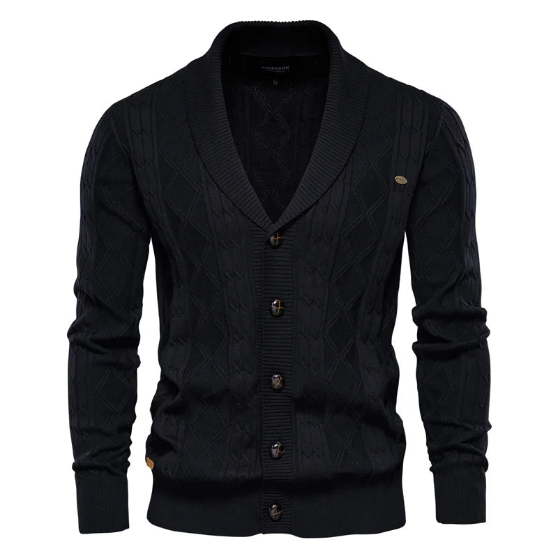 Men’s Diamond-Knit Button Cardigan - Shawl Collar Sweater