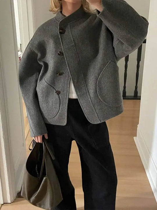 Women’s Stand Collar Button-Up Coat - Front Pocket Short Jacket