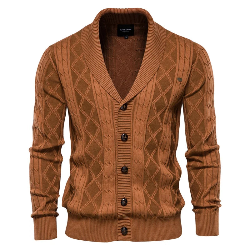 Men’s Diamond-Knit Button Cardigan - Shawl Collar Sweater