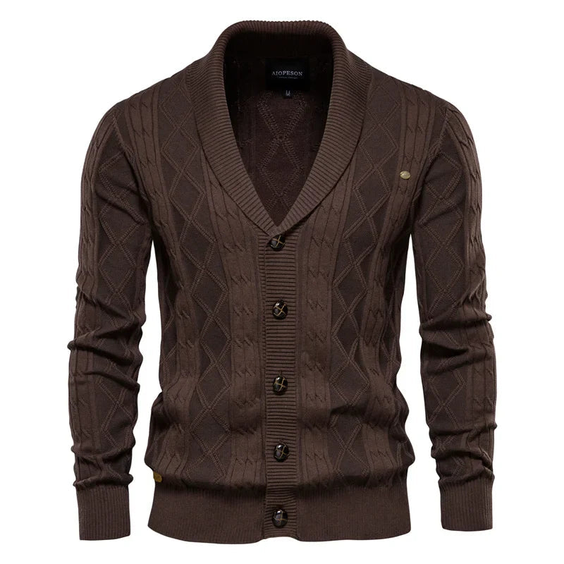Men’s Diamond-Knit Button Cardigan - Shawl Collar Sweater