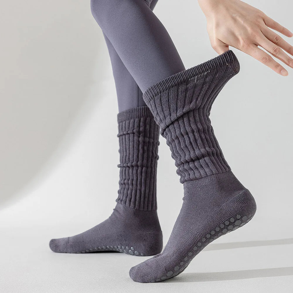 Women’s Cotton Terry Knee-High Slouch Non-Slip Yoga Pilates Silicone Dot Grip Socks