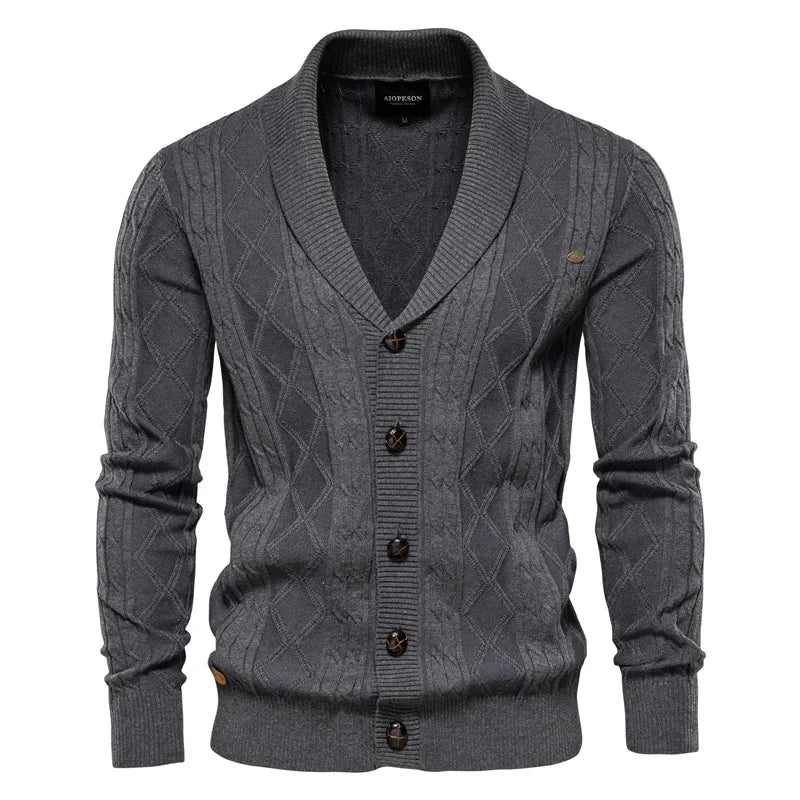 Men’s Diamond-Knit Button Cardigan - Shawl Collar Sweater
