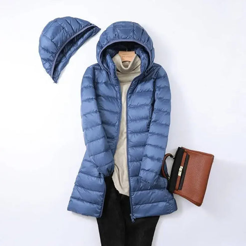 Women’s Lightweight Puffer Coat - Longline Quilted Jacket with Detachable Hood