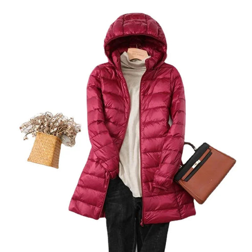 Women’s Lightweight Puffer Coat - Longline Quilted Jacket with Detachable Hood