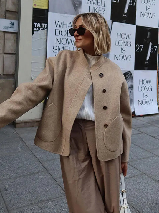 Women’s Stand Collar Button-Up Coat - Front Pocket Short Jacket