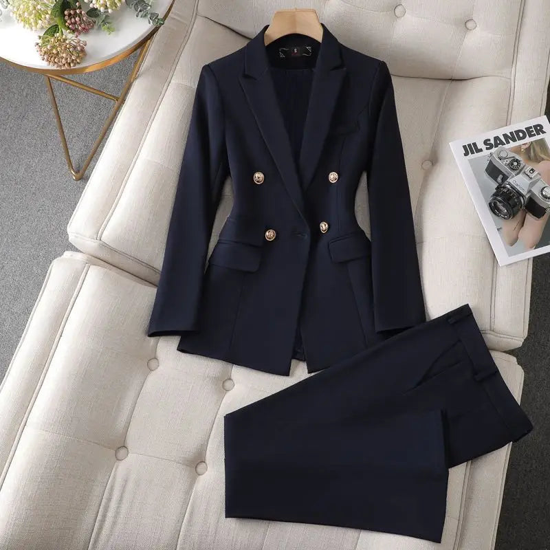 Women’s Double-Breasted Tailored Blazer Suit - Classic Gold Button Set
