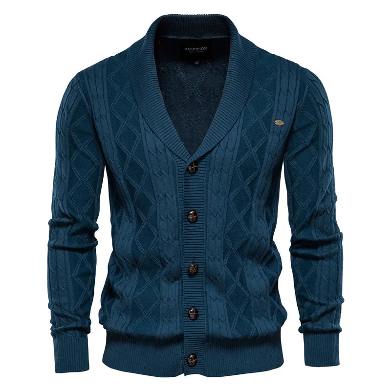 Men’s Diamond-Knit Button Cardigan - Shawl Collar Sweater