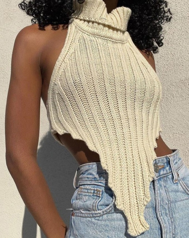 Women’s Halter Neck Knit Crop Top - Asymmetric Cut