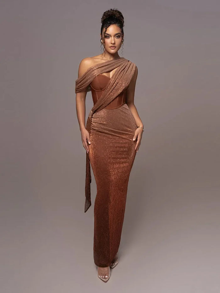 Women’s One-Shoulder Metallic Gown - Draped Corset Evening Dress