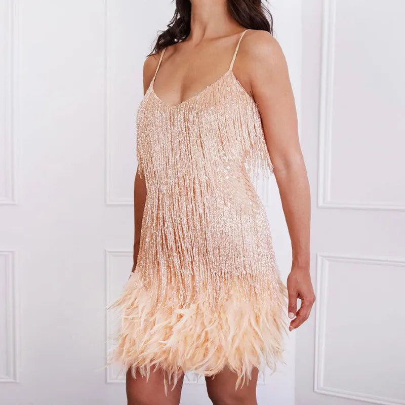Faith Women’s Cocktail Dress With Fringe Feathers
