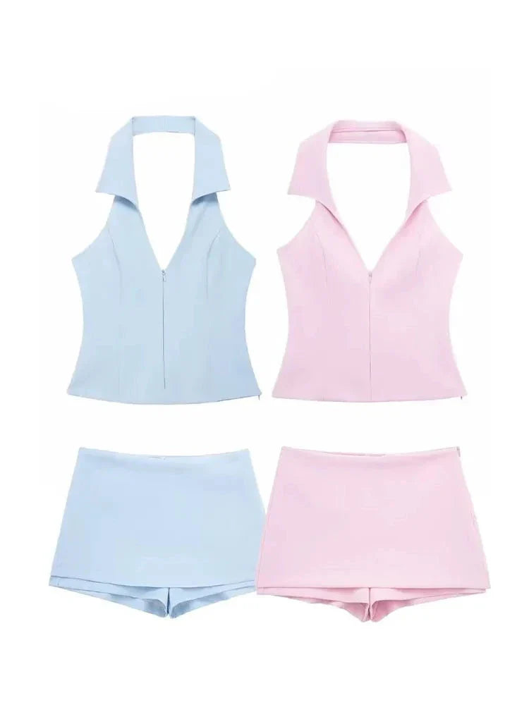 Lexie - V Neck Zip Front Top & Skort Set