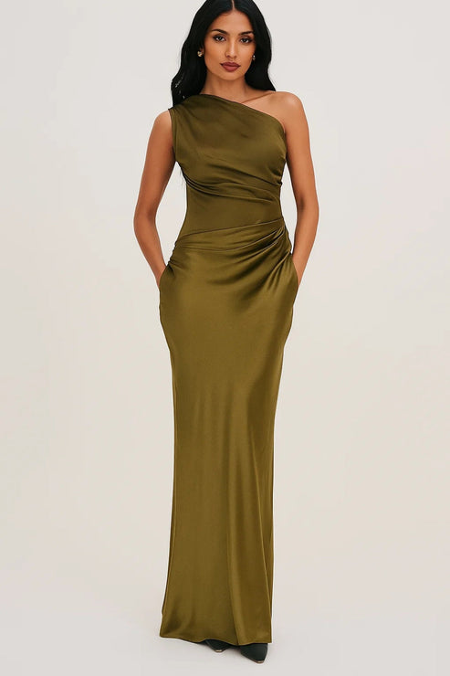 Women’s One-Shoulder Satin Maxi Dress - Elegant Evening Gown