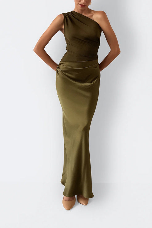 Women’s One-Shoulder Satin Maxi Dress - Elegant Evening Gown