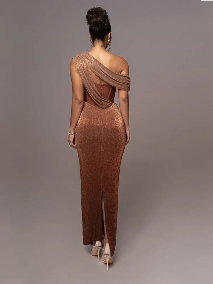 Women’s One-Shoulder Metallic Gown - Draped Corset Evening Dress
