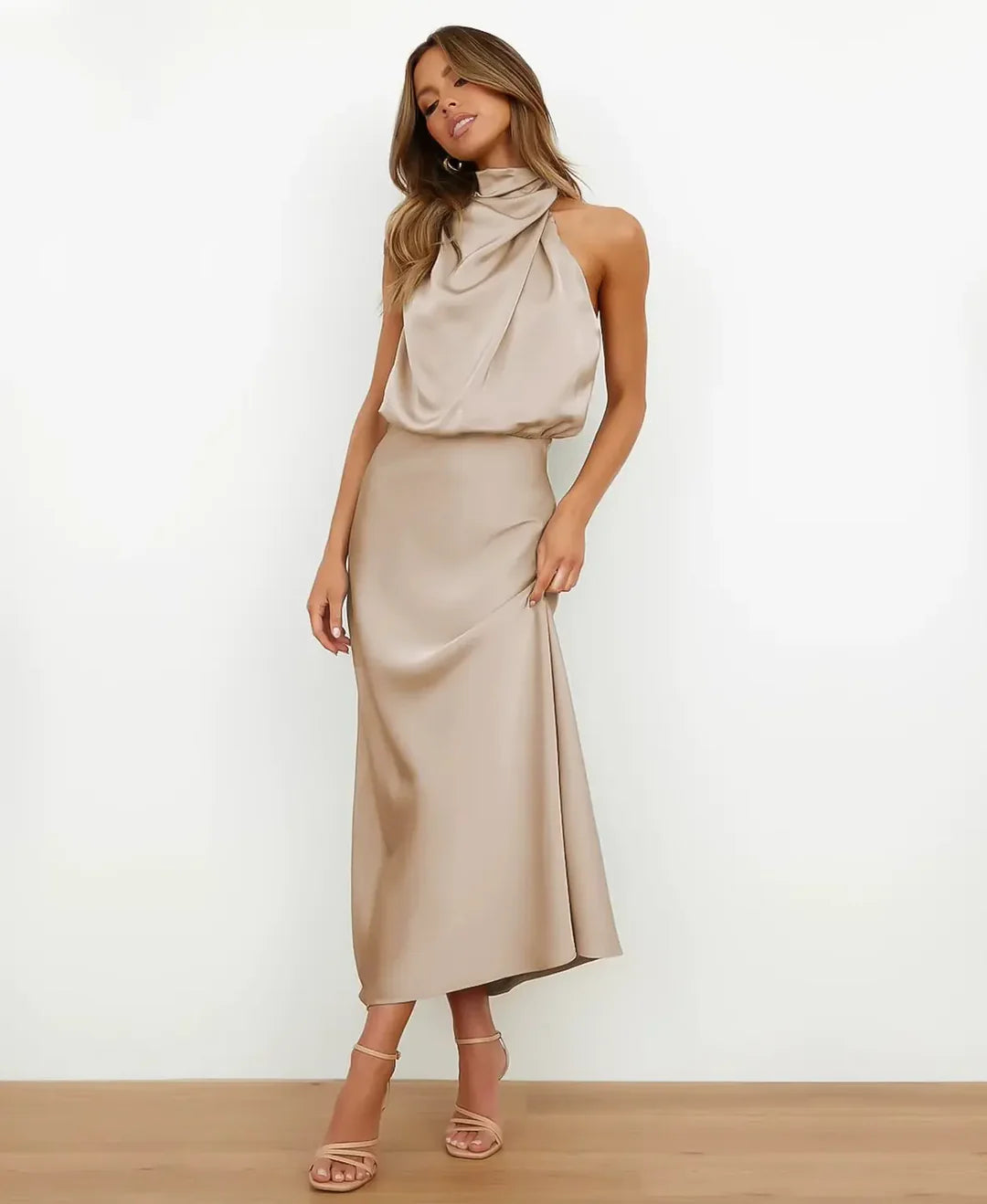Women’s High Neck Midi Dress - Sleeveless Draped Halter Cocktail Gown