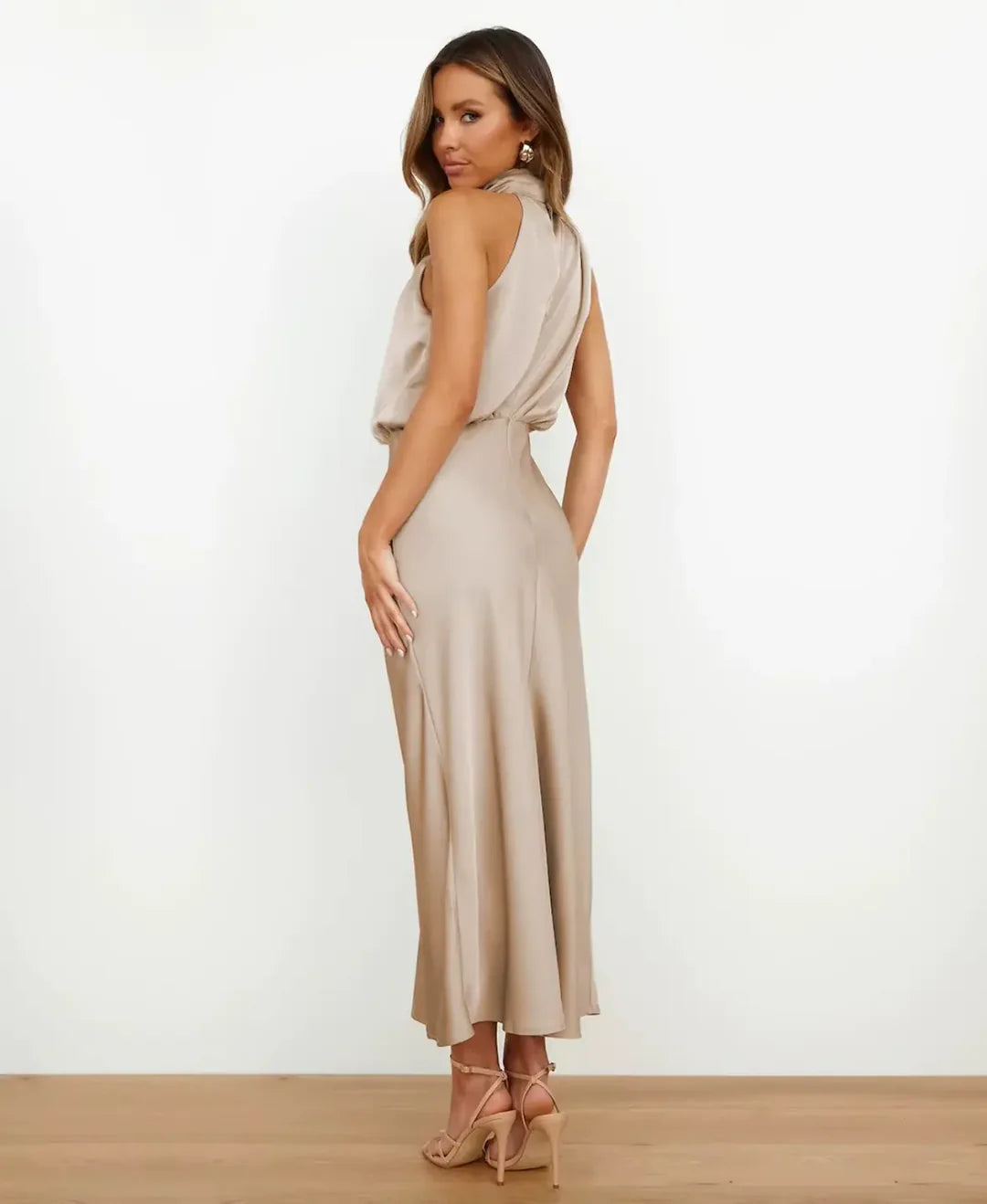 Women’s High Neck Midi Dress - Sleeveless Draped Halter Cocktail Gown