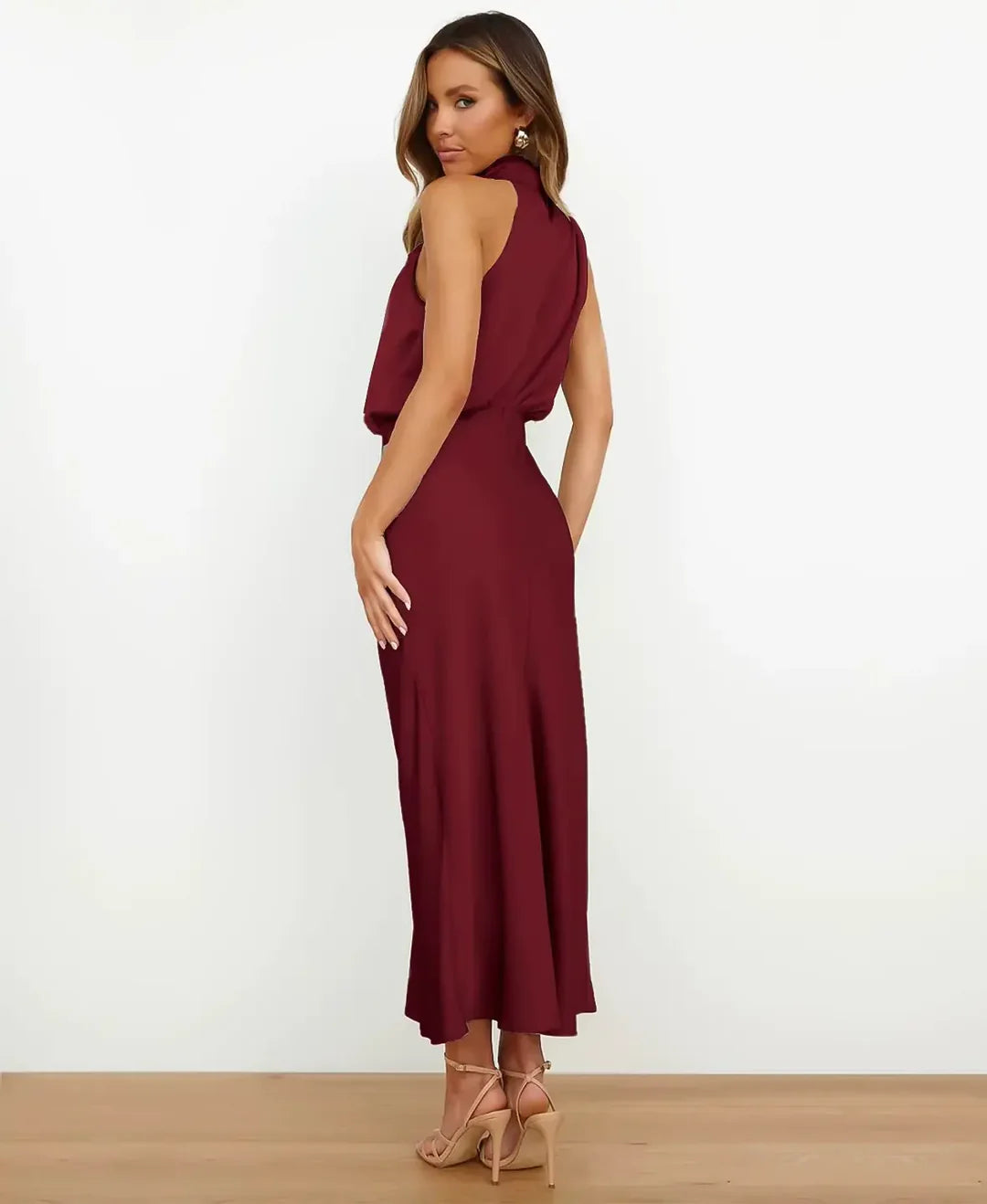 Women’s High Neck Midi Dress - Sleeveless Draped Halter Cocktail Gown