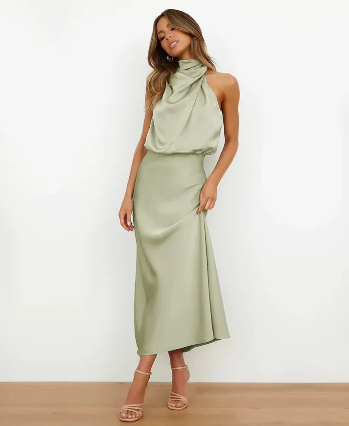 Women’s High Neck Midi Dress - Sleeveless Draped Halter Cocktail Gown