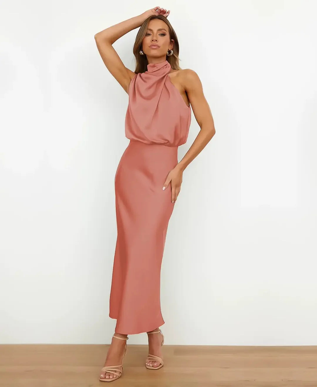 Women’s High Neck Midi Dress - Sleeveless Draped Halter Cocktail Gown