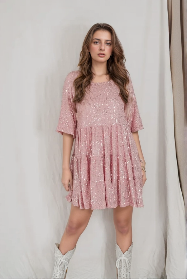 Ellis - Sequins Babydoll Mini Dress