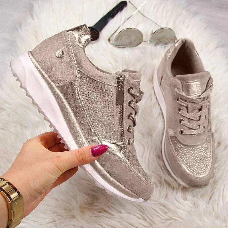Women’s Rhinestone Zip-Up Platform Sneakers - Lace-Up Trainers