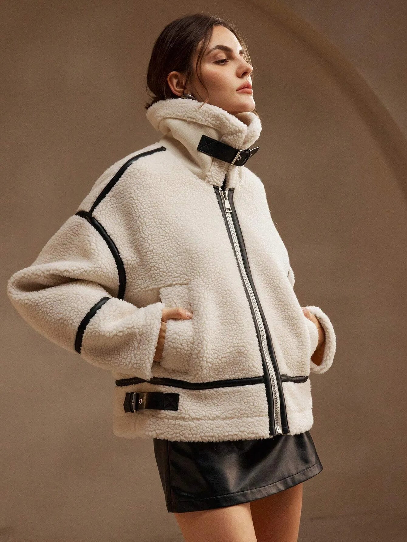 Woman's Faux Shearling Aviator Jacket - Winter Teddy Zip-Up