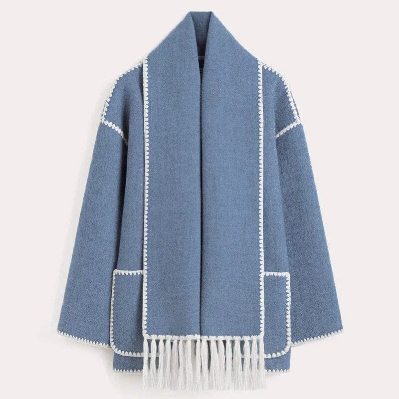 Women’s Contrast Trim Scarfed Wool Coat - Fringed Pocket Detail Outerwear