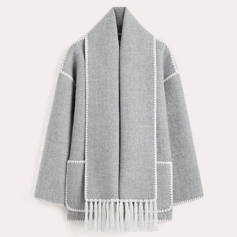 Women’s Contrast Trim Scarfed Wool Coat - Fringed Pocket Detail Outerwear