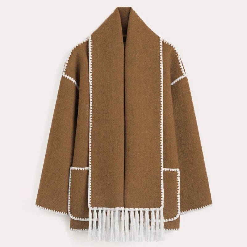 Women’s Contrast Trim Scarfed Wool Coat - Fringed Pocket Detail Outerwear